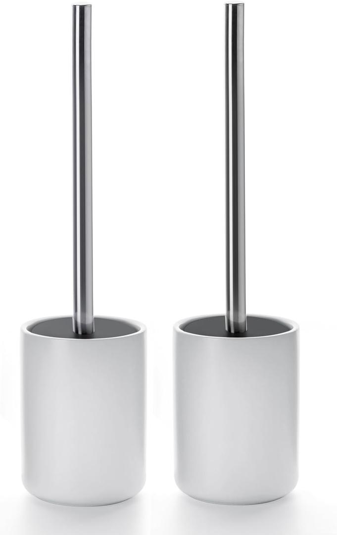 Ceramic Toilet Brush & Holder Set - Freestanding Deep-Cleaning Toilet Bowl Cleaner Brush, Stainless Steel Handle, Small & Sturdy for Storage, Easy to Clean, Non-Scratching (Matte White)