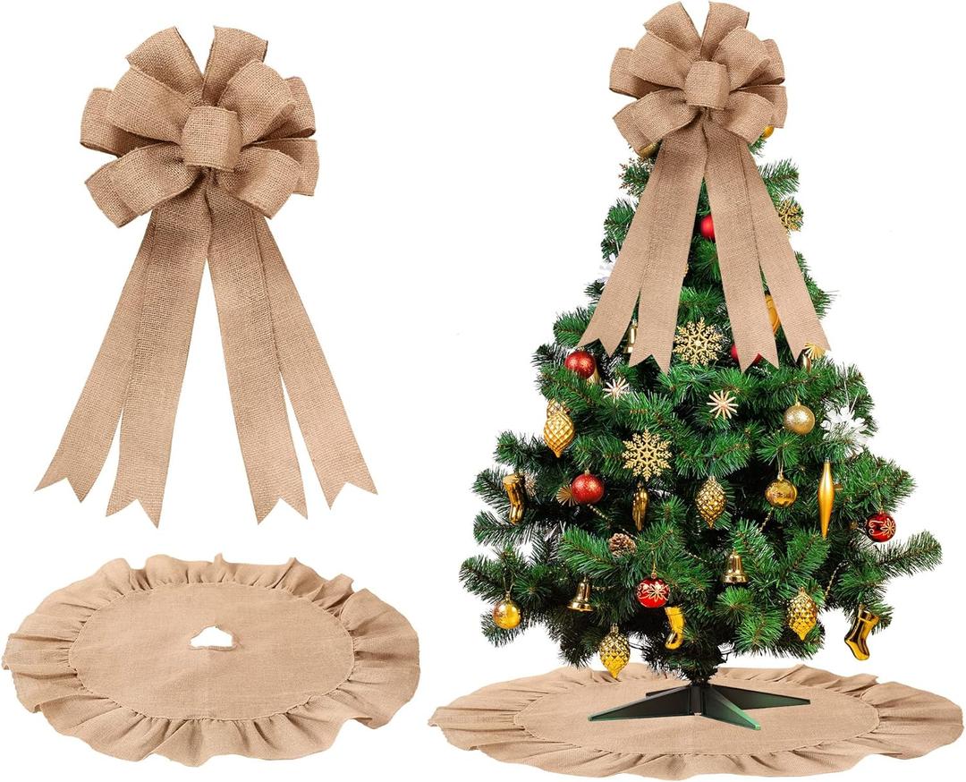 Civaner 2 Pcs Burlap Christmas Tree Topper with 39.4 Inch Ruffle Christmas Tree Skirt and 34 Inch Large Vintage Ribbon Bow Rustic Xmas Tree Ornaments for Wreath Party Holiday Farmhouse Home Decor