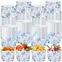 Honeydak 48 Set Floral Paper Ice Cream Cups 9 oz Disposable Treat Snack Cups with Spoons Dessert Bowls for Sundae Frozen Yogurt Soup Birthday Bridal Shower Wedding Party(Blue)