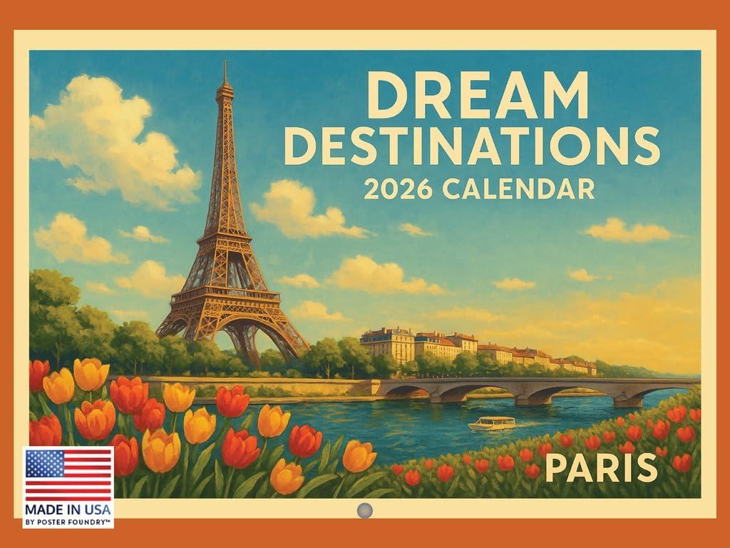 Vintage World Travel Calendar 2026 Monthly Wall Calender 12 Month | American Made In The USA (Dream Destinations)