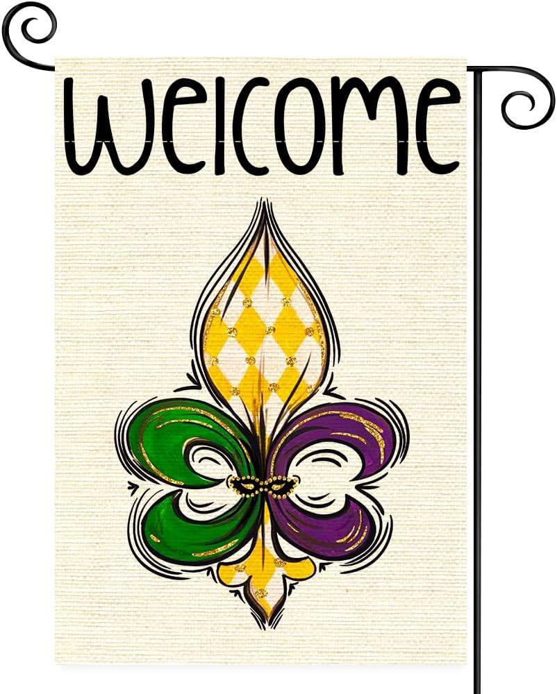 Mardi Gras Garden Flag 12x18 Inch Double Sided, Best Choice Welcome New Orleans Carnival Funny Welcome Peeps Yard Outdoor Seasonal Mini Burlap Spring Garden Flags(AE15)