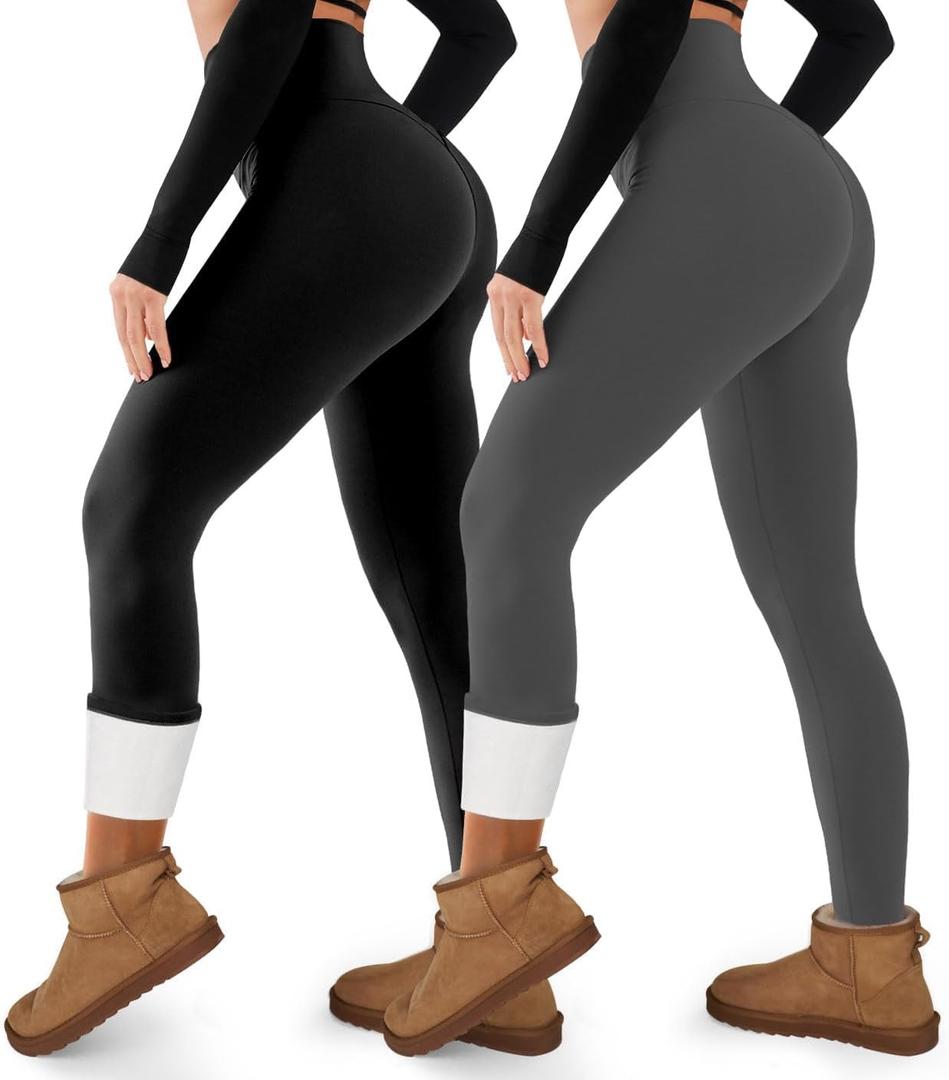 2 Pack Fleece Lined Leggings Women Tummy Control High Waisted Workout Winter Warm Soft Yoga Pants (Large, 02 Black+gray)