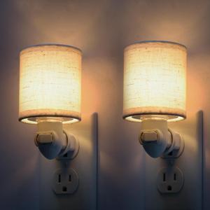 Vintage Plug in Night Light with On Off Switch, 2-Pack Replaceable Blub LED Night Lights Plug into Wall Socket, Bright Nightlight with Linen Fabric Lamp Shade for Adult Bedroom Bathroom Hallway
