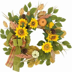 20 Inch Fall Wreath for Front Door, Sunflower Autumn Wreath with Pumpkins and Bow for Thanksgiving Farmhouse Home Window Wall Office Wedding Indoor Outdoor Decorations (Yellow)