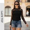 Womens Long Sleeve Lace Tops Crew Neck Mesh Sheer Shirts Going Out Tops (Black, L)