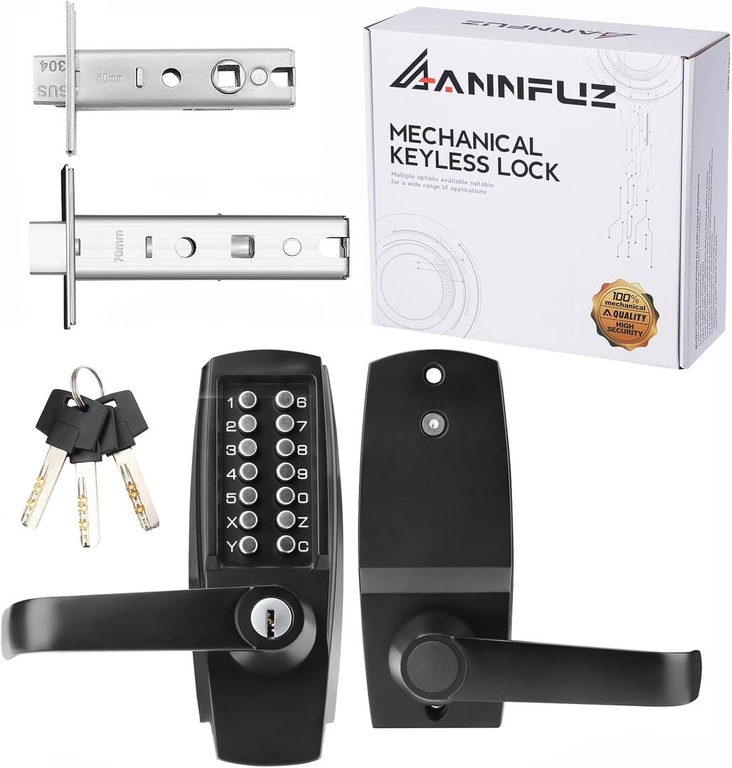 Mechanical Entry Keypad Door Handle Lock with Key,Auto-Locking Push Button Code Door Knob Lock,Single Sided Combination & Interior Hold-open Lever,for Front Gate,Garage,Office,Matte Black