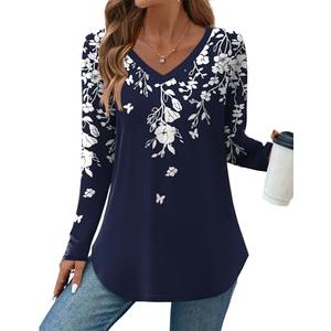 Zeagoo Womens Blouses Dressy Casual Long Sleeve Ladies Tops Boho Floral Tshirts Soft Blouses, S