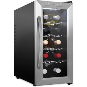 Schmck 10 Bottle Thermoelectric Wine Cooler/Chiller - Stainless Steel - Counter Top Red & White Wine Cellar w/Digital Temperature, Freestanding Refrigerator Smoked Glass Door Quiet Operation Fridge