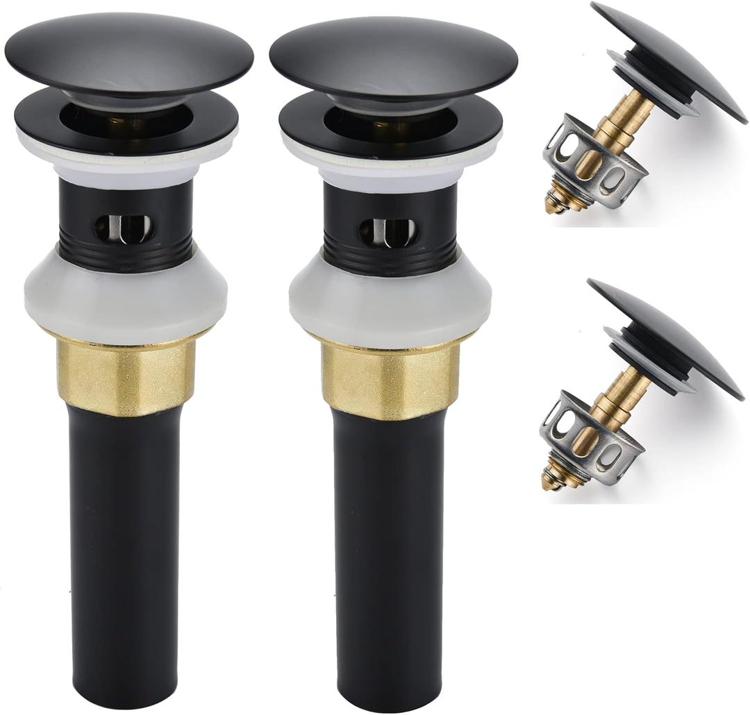 Bathroom Sink Drain,2 Pack Drain Stopper Bathroom Sink with Overflow,Pop Up Drain Assembly with Detachable Strainer Basket,Built-in Anti-Clogging Strainer,Stainless Steel Mattle Black (Mattle Black-2 Pack)
