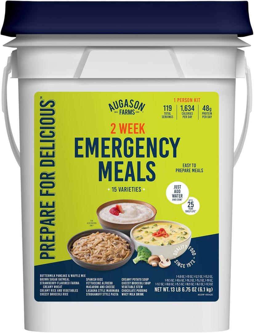 Augason Farms 2 Week Emergency Food Supply Kit, Dehydrated Meal Survival Food Bucket for 1 Person - 119 Servings, Best By: 02/06/2035