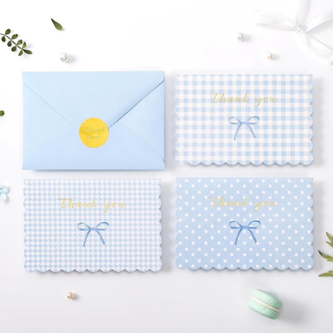 Crisky Thank You Cards with Envelopes,50 Pack Blue Thank You Cards Bulk Bow Style for Baby Shower, Birthday, Wedding Decoration Party Favors
