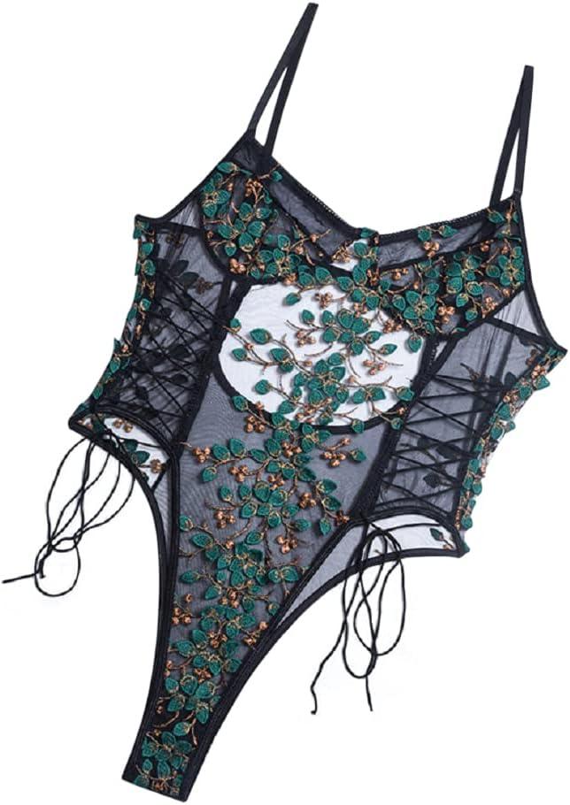 The Crafty Owl Floral Embroidery Lace Up Bodysuit Lingerie for Women (Medium, Black/Green)