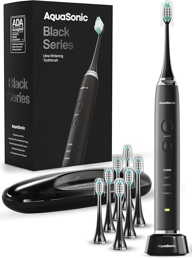Aquasonic Black Series Ultra Whitening Toothbrush – ADA Accepted Electric Toothbrush 8 Brush Heads & Travel Case – 40,000 VPM Electric Motor & Wireless Charging  4 Modes w Smart Timer