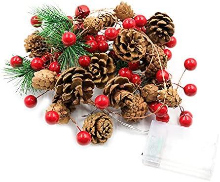20 LED Christmas Pinecone Lights,7 FT Pinecone Red Berry Bell Christmas Garland with Lights Battery Operated Christmas Decorations String Lights with PineCone Indoor Outdoor Wedding Birthday Party