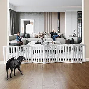 Freestanding Dog Gate Indoor,Doggie Gate Foldable Dog Gates for Doorways,Stairs or Hallways, Wooden White Pet Gate for The House, Pet Fence with Support Feet Included,24 "Height-6 Panels