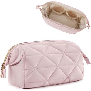BAGSMART Makeup Bag Travel Cosmetic Bag, Puffy Padded Make Up Bags for Women Makeup Organizer Case, Wide-open Pouch Purse Travel Essentials Toiletries Accessories Brushes (Pink)
