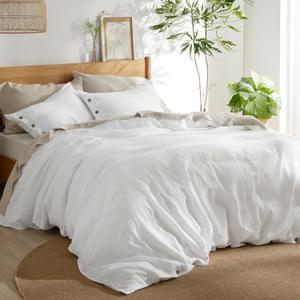 Bedsure Linen Duvet Cover King Size - Linen Cotton Blend Bedding Set, Soft & Cozy, 3 Pieces, 1 Duvet Cover 104x90 Inches and 2 Pillowcases, White Color Cooling Bedding, Comforter Sold Separately (King (104" x 90"), 02 - White (No Comforter))
