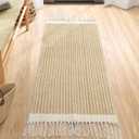 Lahome Belle Boho Kitchen Runner, 2x4.3 Bathroom Runner Rug Lightweight Entryway Rugs Woven Cotton Throw Mat with Tassels, Farmhouse Non Shedding Washable Low Pile Runners for Bedroom Doorway, Khaki