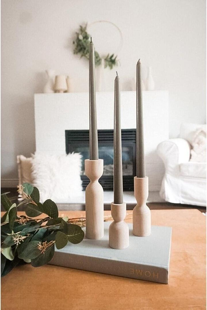 Wooden Candle Pillar Holder Set of 3,Rustic Farmhouse Candle Holder,Handmade Candlestick Holder, Wood Candle Holders, Console Table Decoration Pieces, Luxury Fireplace Candle Holder