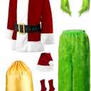 Christmas Green Costumes Adult, 8pcs Furry Santa Claus Costume for Men Funny Cosplay Santa Costume (Large, Red)