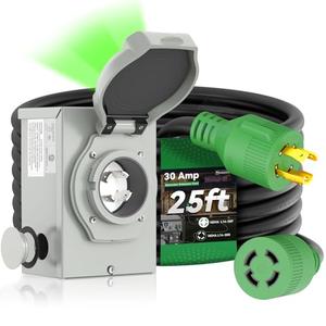 RVINGPRO 30 Amp Generator Cord 25FT and Power Inlet Box, Pre-Drilled 30 Amp Generator Inlet Box with Cord, NEMA L14-30P to L14-30R Generator Cord Waterproof Combo Kit, ETL Listed