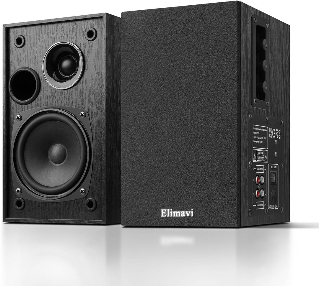 Elimavi Powered Bookshelf Speakers 35W RMS,Record Player Speakers with 4'' Woofer and 1'' Tweeters with Wall Mounted for TV and PC,Turntable Speaker with RCA Input,Black