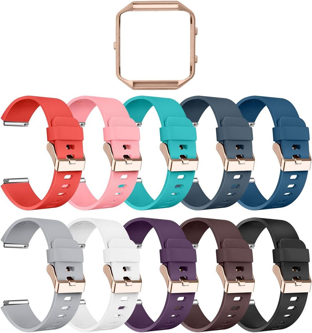 LEEFOX Compatible Fitbit Blaze Bands with Frame, Sport Silicone Replacement Strap for Fitbit Blaze Smart Fitness Watch Accessory Wristbands Large,10Pack w/Rose Gold Frame Men Women