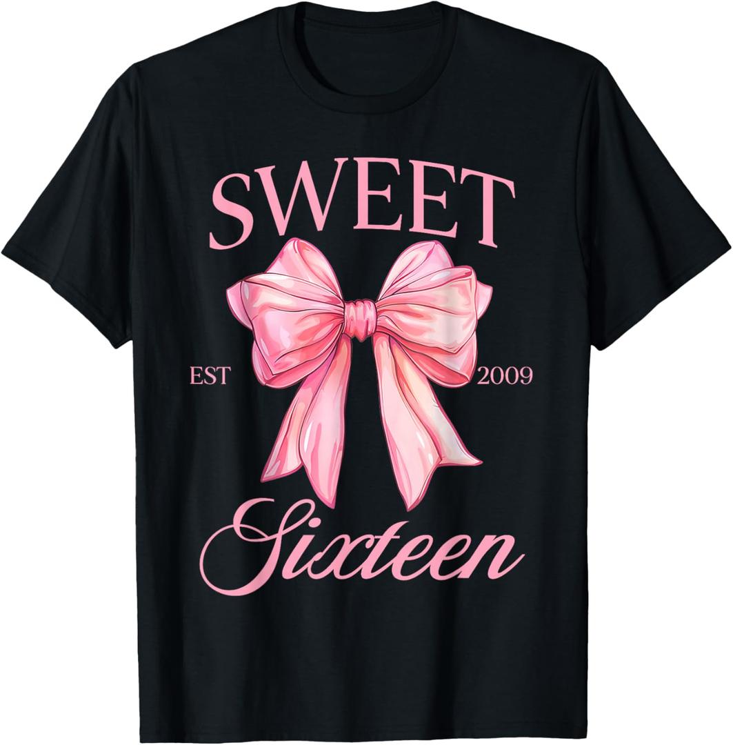 Groovy Sweet 16th Birthday Girl Coquette Bow 16 Year Old T-Shirt (Black)