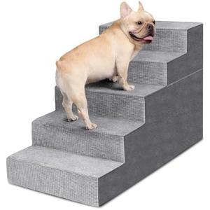 Dog Stairs for Small Dogs,5-Step Dog Steps for High Bed and Couch, High-Density Foam Pet Steps with Supporting Board, Non-Slip Removable Washable Cover, Grey (22.4'')