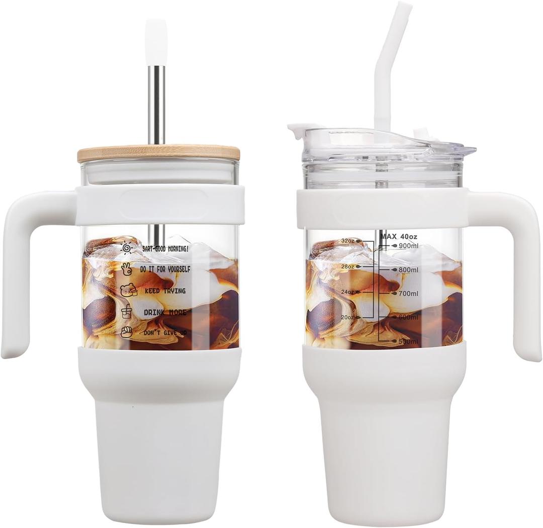 chunmo 40 oz Glass Tumbler with 2 Lids-Bamboo Straw Lid & 2-in-1 Sip and Flip Straw Lid,Iced Coffee Cup with Handle, Glass Water Bottles with Silicone Sleeve,Glass Cup with Straws, BPA Free-1 Pack