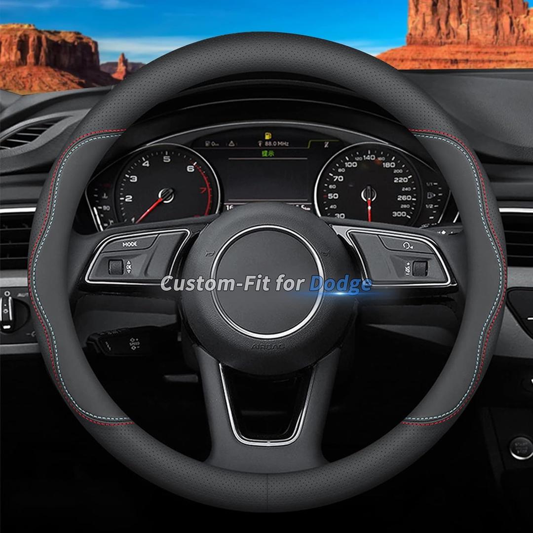 Custom-Fit for Dodge Steering Wheel Cover, Premium Leather Car Steering Wheel Cover with Logo, Non-Slip, Breathable, for Dodge Accessories (A-Style,for Dodge)