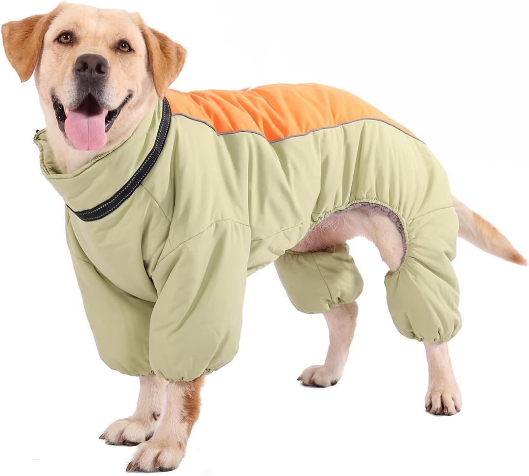 Four-Legged Thick Coat for Dogs, Zip Up Windproof Warm Winter Jacket, Reflective Waterproof Dog Snowsuit with Leash Ring, Light Green, 20