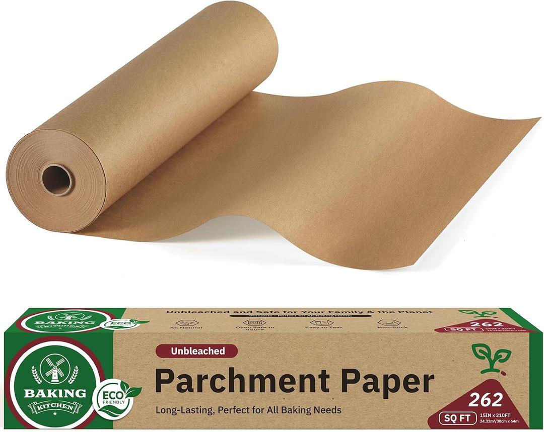 Unbleached 15in x 210ft Parchment Paper Roll for Baking- 262 Sq.Ft with Built-in Metal Cutter, Non-Stick & 450F Safe for Baking,Cooking, Air Fryer, Grilling, Meal Prep