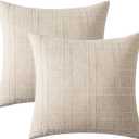 MIULEE Decorative Linen Check Euro Shams Throw Pillow Covers Neutral Farmhouse Vintage Pillow Covers 24x24 Set of 2 Boho Modern Home Decor for Sofa Couch Bedroom Cushion Natural Beige