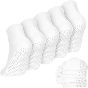 Geyoga 5 Pairs Non Slip Socks for Men Women Grip Socks with Cushion Unisex for Yoga Pilates Barre Home Workout (White)