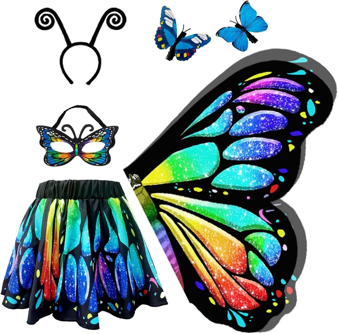 Jackcell Butterfly Wings Costumes for Girls, Butterfly Cape Halloween Costume with Kids Fairy Skirt,Fairy Dress Up Cosplay (Brilliant Rainbow)