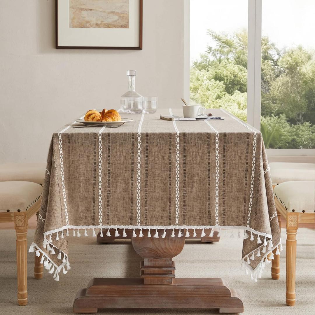 ZeeMart Hemstitched Embroidery Striped Boho Tablecloth 60x60 Inch Cocoa Brown, Heavy Weight Farmhouse Burlap Linen Brown Tablecloth, Wrinkle Resistant Washable Table Cloth for Square Table