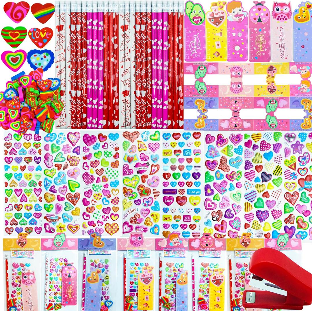 28 Pack Valentines Day Gifts for Kids - Valentine's Day Party Favors for School Exchanges Gifts with Erasers, Pencils, Stickers and Rulers, Valentine's Day Stationery Set with Gift Card