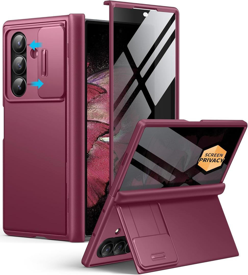 BERFY for Z Fold 7 Case with Privacy Screen Protector, [Anti Spy] Hidden Kickstand & Slide Camera Cover & Hinge Protective, Full Body Shockproof Phone Case for Samsung Galaxy Z Fold 7, Red