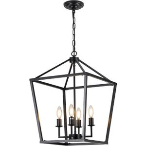 15.75" Black Farmhouse Chandelier for Dining Room, 4-Light Lantern Pendant Light Fixture Industrial Vintage Iron Cage Hanging Light for Entryway Kitchen Island Foyer
