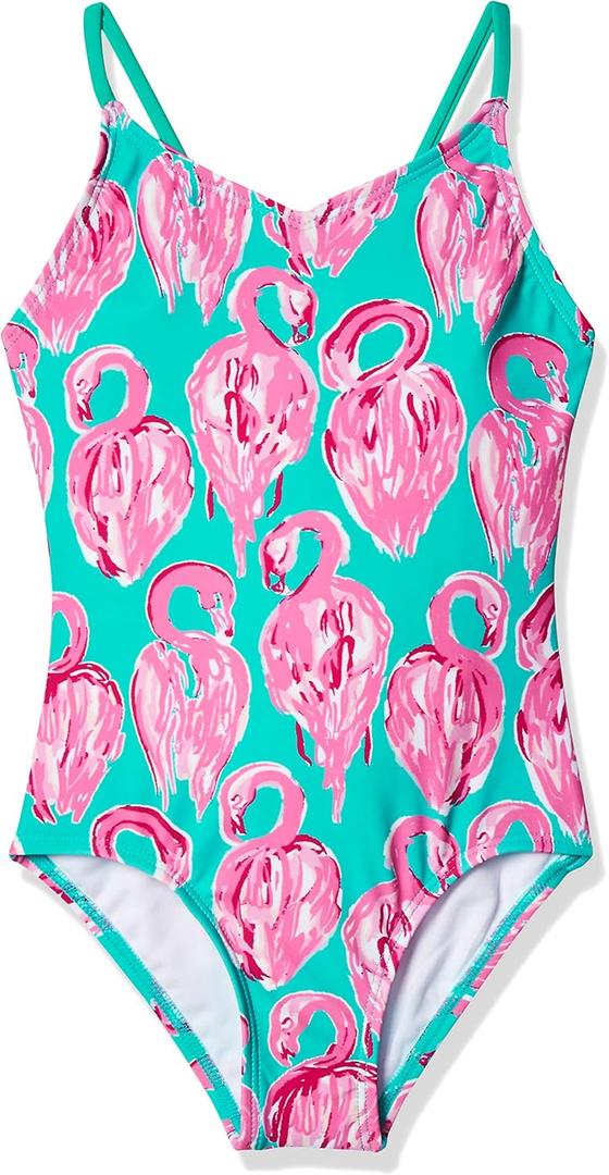 Kanu Surf Girls' Daisy Beach Sport one Piece Swimsuit (12, Hallie Green Flamingo)