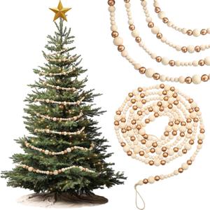 27 ft Long Christmas Wood Bead Garland 3 Pcs 9 ft Wood Christmas Tree Garland Decoration Vintage Beaded Garlands for Xmas Wedding Holiday Farmhouse Home Boho Decor(Gold, Wooden Color)