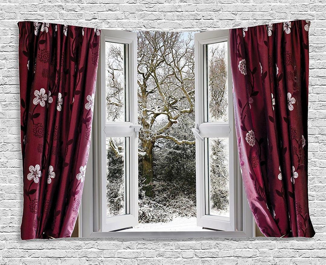 Ambesonne Winter Tapestry, Open Window View to a Snowy Winter Scenery Pattern Drapes Frosty, Wide Wall Hanging for Bedroom Living Room Dorm, 80" X 60", Maroon White