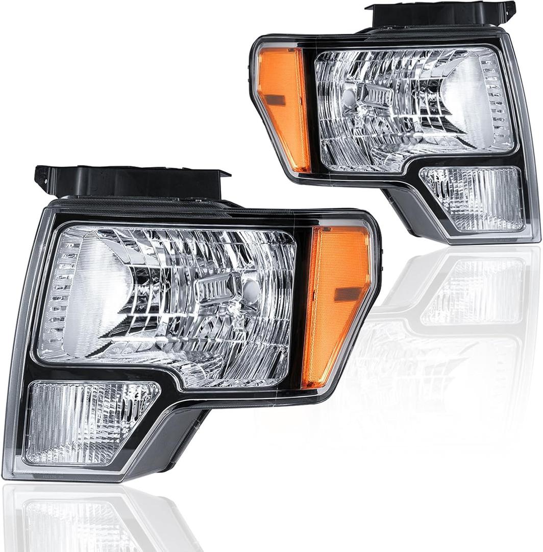 Headlight Assembly, Headlights Kit Compatible with 2009-2014 Ford F150 Replacement Headlamp Chrome Housing Amber Reflector