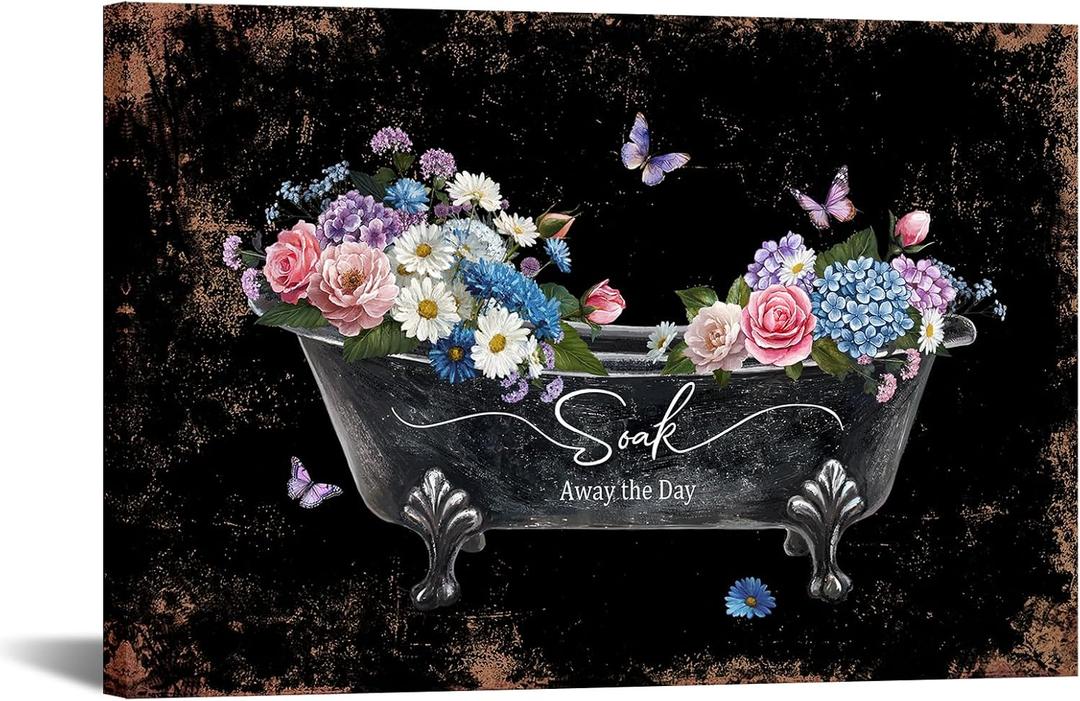 Bathroom Wall Art Floral Canvas Print Vintage Flower Decor 16x24''