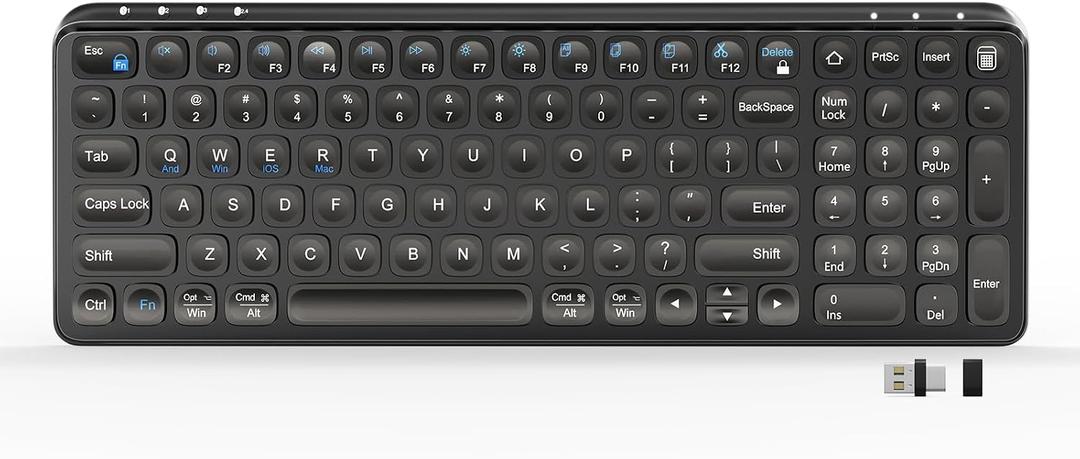 Compact Wireless Bluetooth Keyboard 99 Keys, Ultra-Slim Design, 4-Device Connectivity (2.4G + Bluetooth 5.0), Quiet Typing for PC/Mac/iOS/Android, 13 Multimedia Keys, Rechargeable,Black