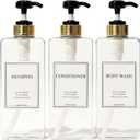 Modern Gold Design Shampoo and Conditioner Dispenser, Large 27oz Shower Soap Dispenser, Set of 3 Refillable Empty Plastic Pump Bottles for Bathroom (6 Waterproof Labels Included), (Clear & Black)