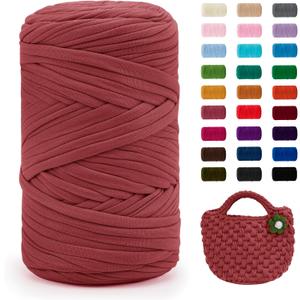 JeogYong T-Shirt Yarn, 400g/131 Yards Elastic Fabric Crochet Cloth T Shirt Yarn, Thick Hand Knitting Polyester Fabric Ribbon for Crocheting Bags/Baskets/Rugs, Home Decor, DIY Crafts (Leather Pink)