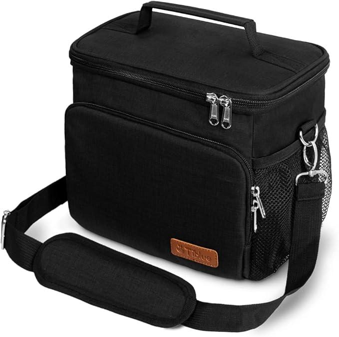 Tiblue Insulated Lunch Bag for Women/Men, Reusable Lunch Box for Office Work School Picnic Beach, Leakproof Freezable Cooler Bag with Adjustable Shoulder Strap for Kids/Adult(Large, Black)