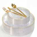 I00000 150Pcs Clear Plastic Plates with Gold Rim, Clear Disposable Plates with silverware, Gold hammer patterned plates Set includes 30 Dinner Plates, 30 Dessert Plate, 90 Silverware Set for Party